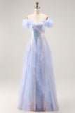 Light Blue Off The Shoulder Ruffled A-Line Prom Dress With Sequins