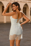 Sparkly White Tight Mini Dress with Tassels