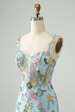 Blue Flower Bodycon Spaghetti Straps Embroidered Mini Dress