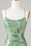Sparkly Sheath Spaghetti Straps Green Mini Dress with Criss Cross Back