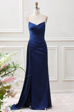 Navy Mermaid Ruched Satin Maxi Formal Dress With Slit