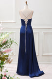 Navy Mermaid Ruched Satin Maxi Formal Dress With Slit