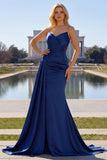 Navy Mermaid Ruched Satin Maxi Formal Dress With Slit