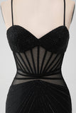 Black Bodycon Spaghetti Straps Corset Mini Dress with Beading