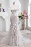 White Off the Shoulder Mermaid Corset Sweep Train Wedding Dress with Applique Lace