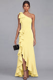 One Shoulder Black Mermaid Bowed Formal Dress with Ruffles