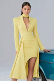 Black Notched Lapel Long Sleeve Semi-Formal Dress With Slit