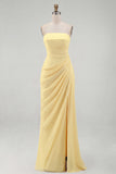 Light Pink Strapless Ruched Sheath Prom Dress with Slit