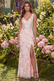Pink Floral Sequin V Neck Maxi Wedding Guest Dress