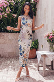 Bateau Neck Black Floral Ruched Midi Wedding Guest Dress