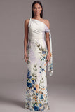 Floral Asymmetrical Neck Black Mermaid Ruched Formal Dress