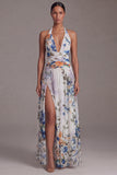 Halter Black A Line Printed Ruched Formal Dress