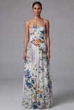 Black A Line Printed Ruched Maxi Formal Dress