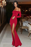 Burgundy Off The Shoulder Satin Gala Dress With Slit